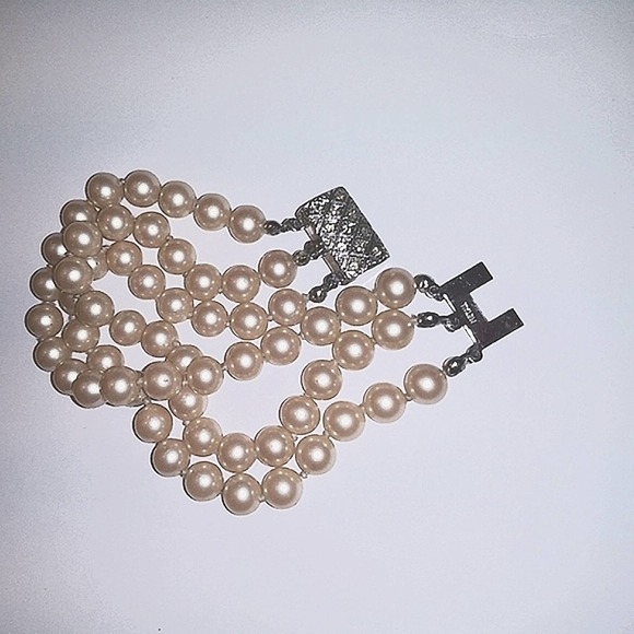 VINTAGE Triple Strand Glass PEARL BRACELET 800 Pure Silver w Crystals Diamonds - Picture 7 of 7